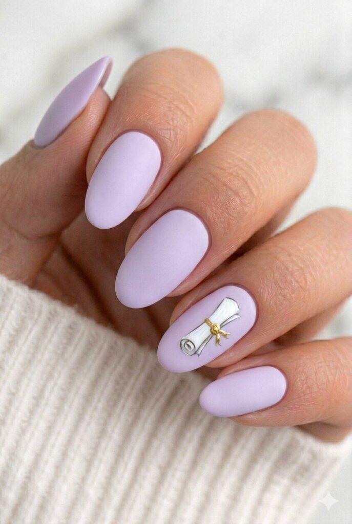 Soft lilac graduation nails with a tiny diploma accent for a pretty and personal manicure