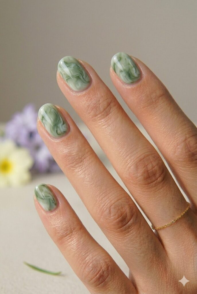 May nails with soft moss green marble effect blended with white and cream for a natural spring style
