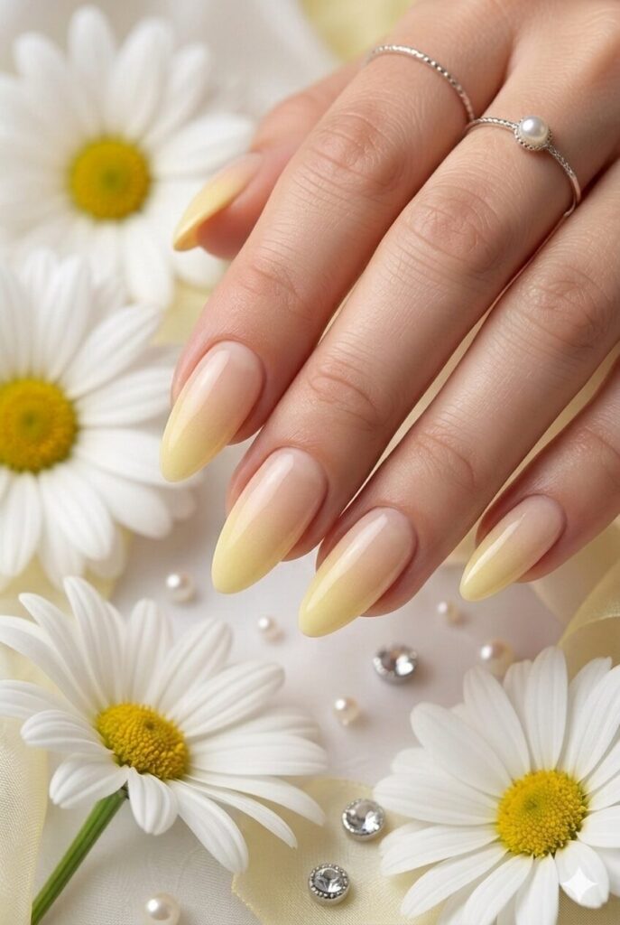Soft sunbeam ombre yellow prom nails fading from nude into light yellow tips