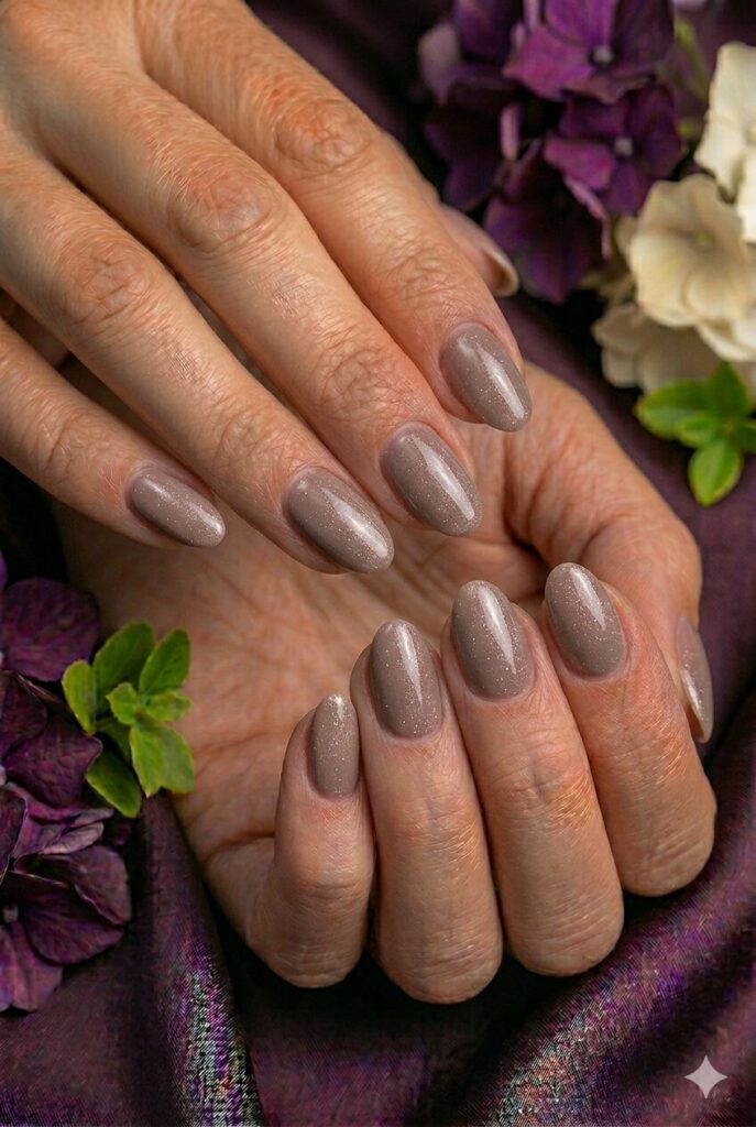 Soft taupe prom nails with delicate shimmer for a simple and elegant formal manicure