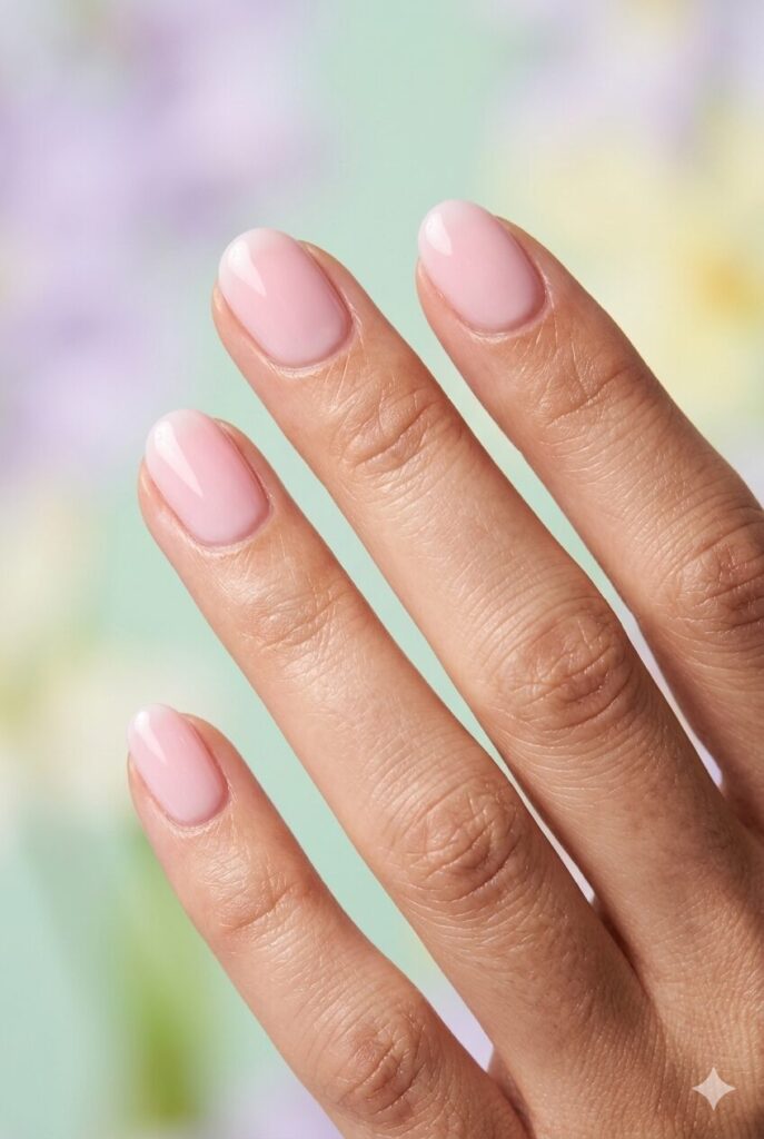 Simple May nails with glossy strawberry milk polish in a soft baby pink and milky white finish
