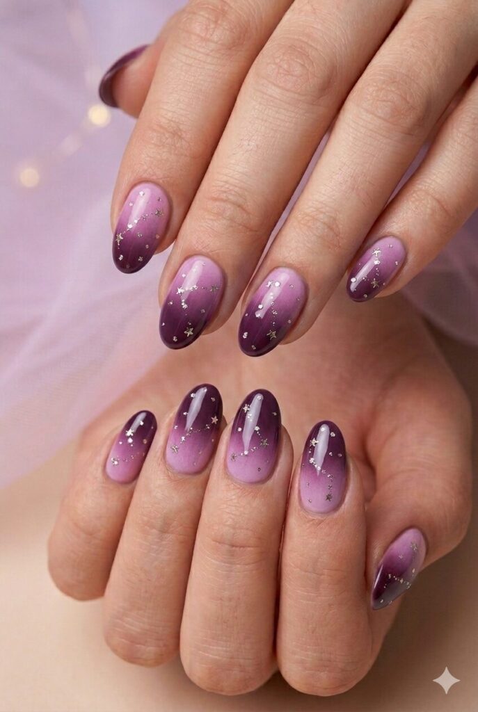 Sugar plum fade purple prom nails blending soft pink purple into a deeper plum shade