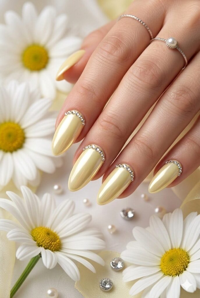 Sunny rhinestone arc yellow prom nails with curved crystal accents on a glossy base