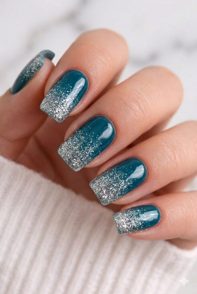 Teal and silver glitter ombre graduation nails with a bold shimmering fade effect