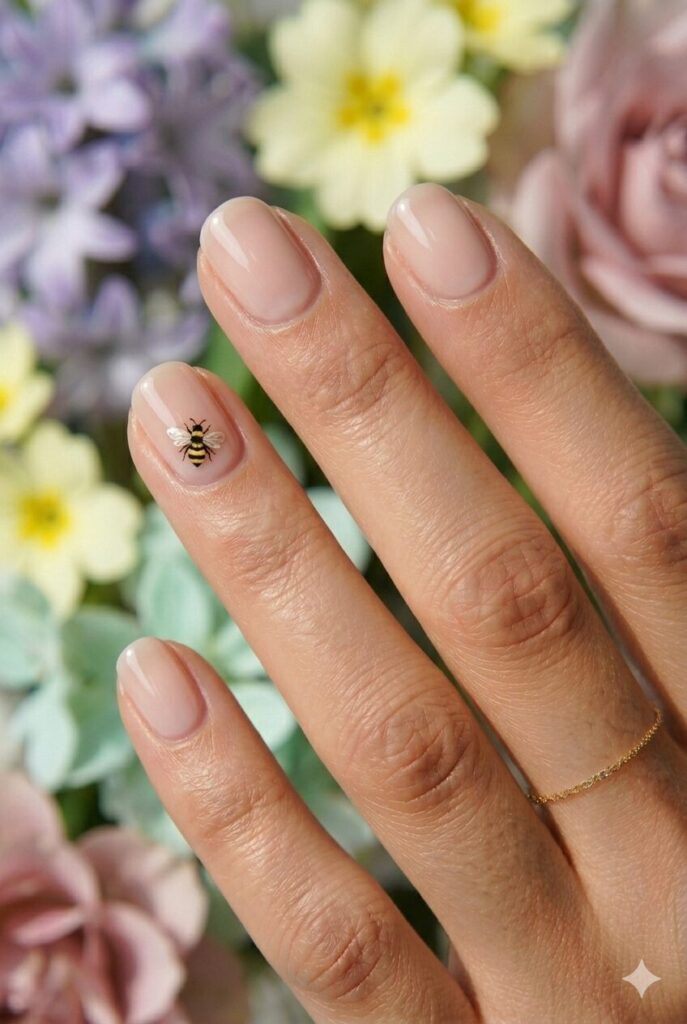 Cute May nail ideas with a soft nude base and tiny bee accent art for a spring garden look