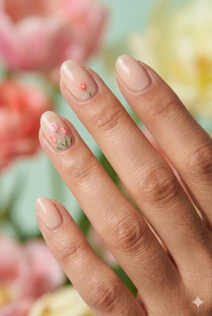 May nail designs with a nude base and tiny tulip accent art for a soft floral spring manicure