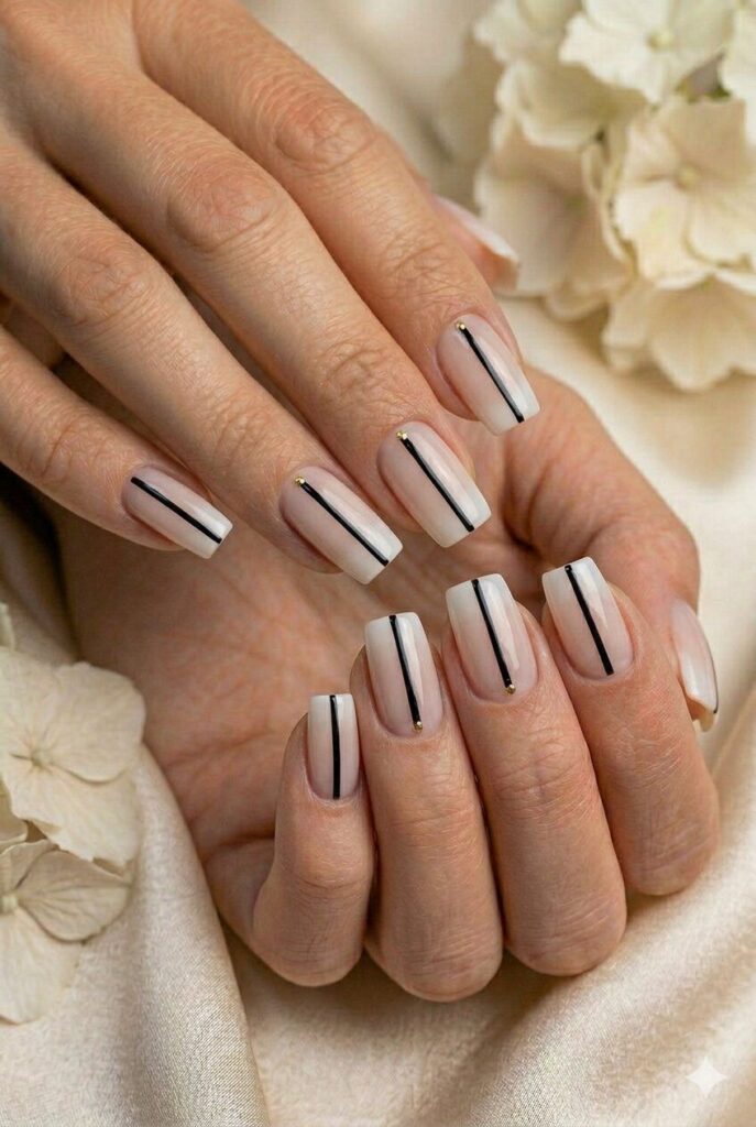 Nude and white prom nails with thin black tuxedo stripe details for a sharp formal design