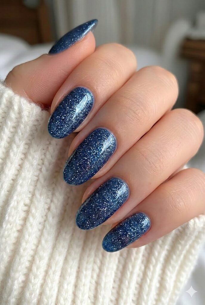 Twilight blue stardust prom nails with deep blue base and fine silver blue sparkle