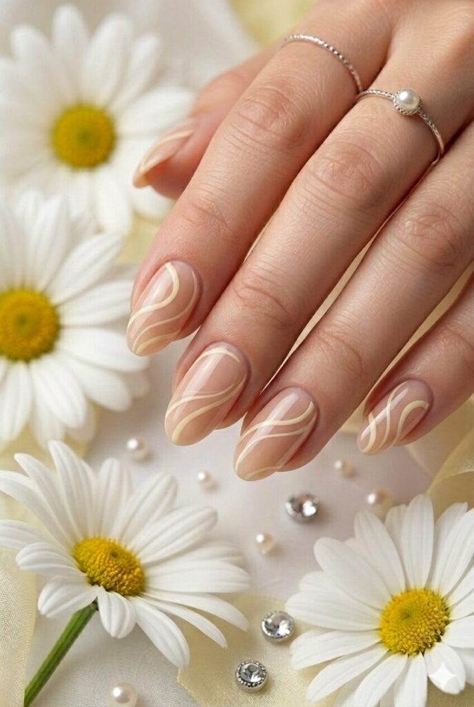 Vanilla swirl nude prom nails with soft yellow line art over a natural base