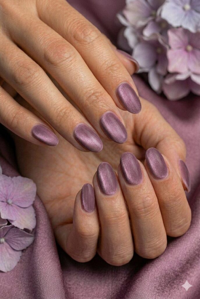 Velvet mauve prom nails with a soft magnetic sheen for a rich and elegant finish