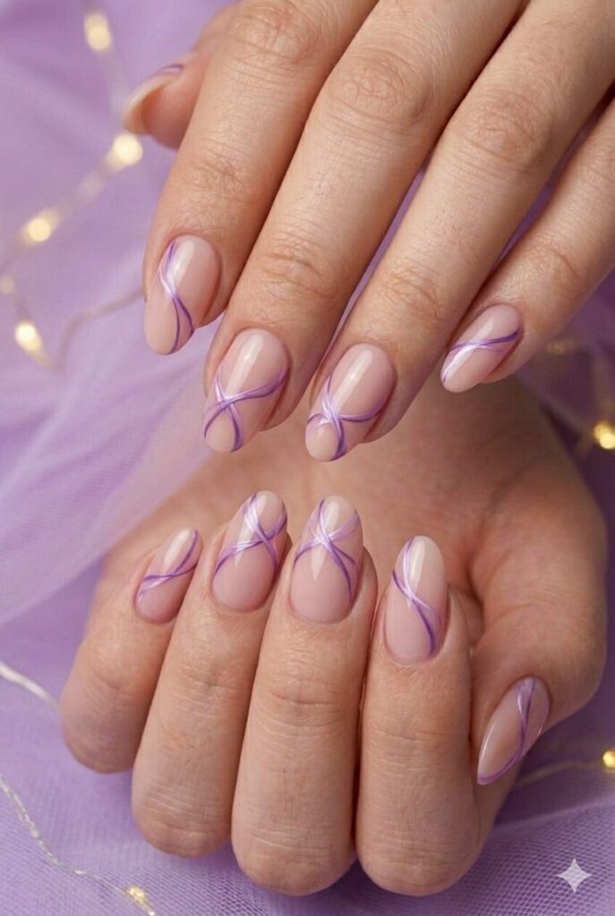 Violet ribbon line purple prom nails with thin violet lines over a nude or pale base