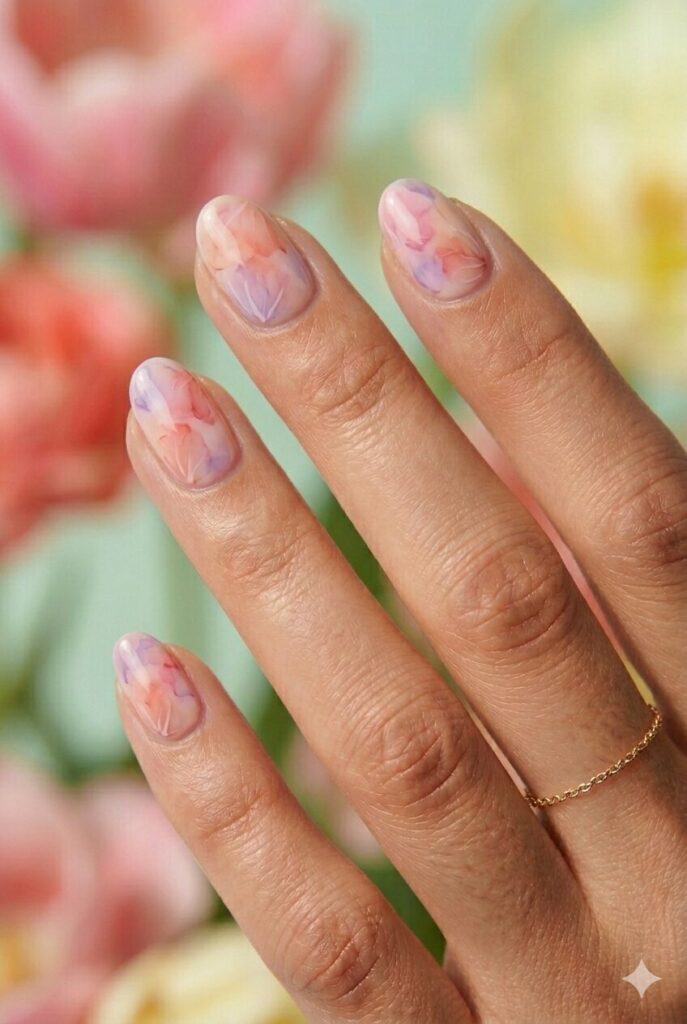 Cute May nails with soft watercolor petal effect in pink peach lilac and coral tones