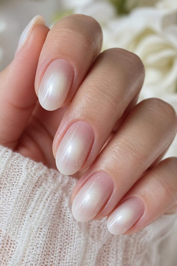 White aura glow prom nails with a soft center fade for a trendy and dreamy formal style