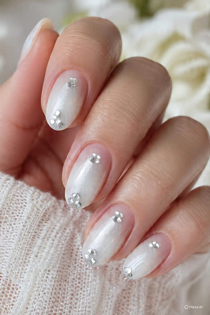 White diamond outline prom nails with crystal edge detail for a sharp and elegant look
