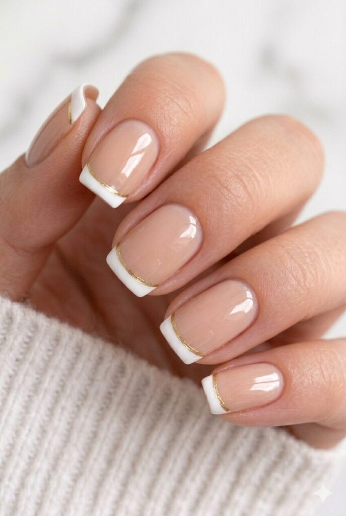 White French tip graduation nails with a thin gold line for a modern and classy manicure