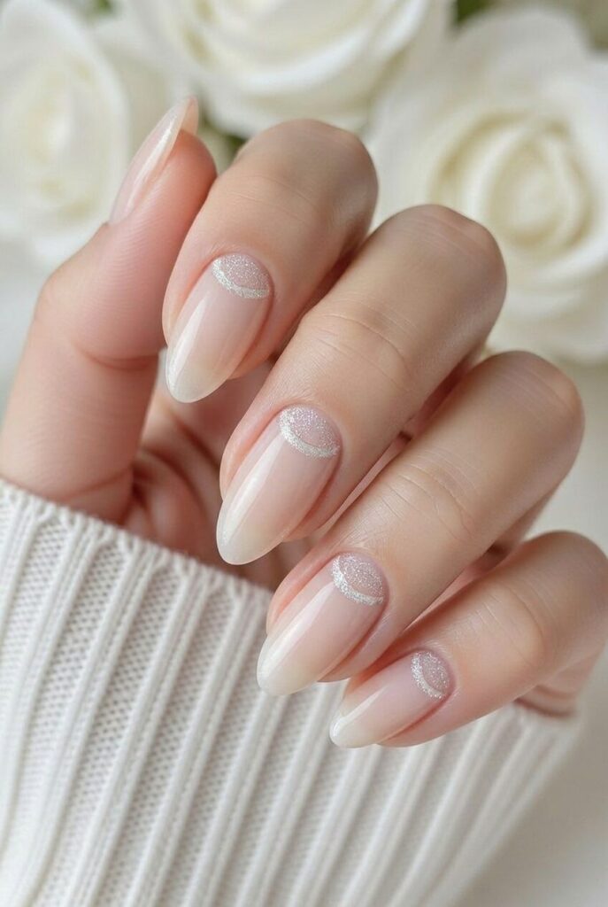 White glitter crescent prom nails with curved sparkle near the cuticle for a polished formal look