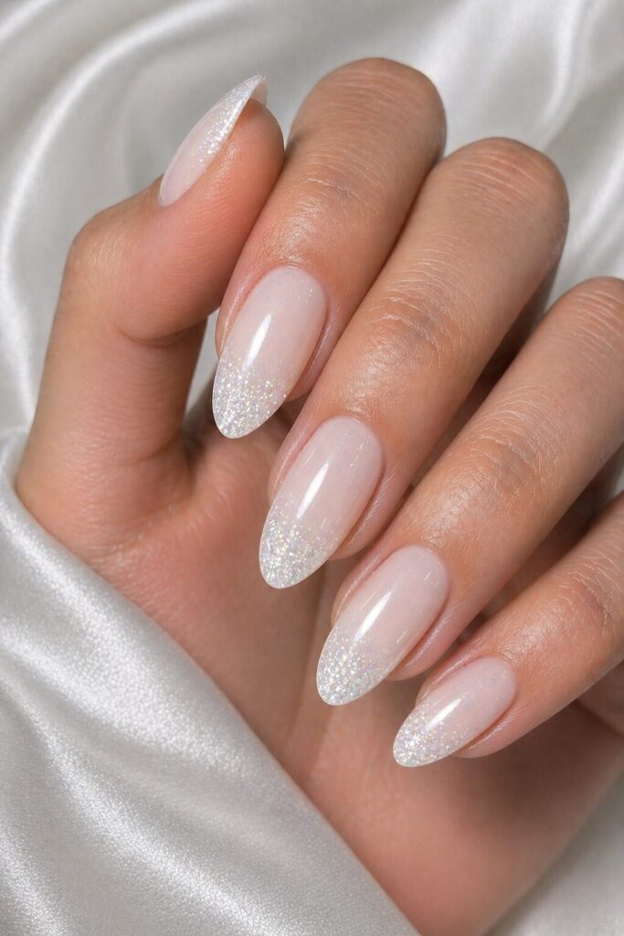 White prom nails with fine glitter tips for a sparkly yet clean prom-ready design
