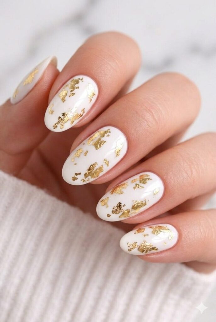 White graduation nails with gold foil accents for a luxurious and timeless manicure