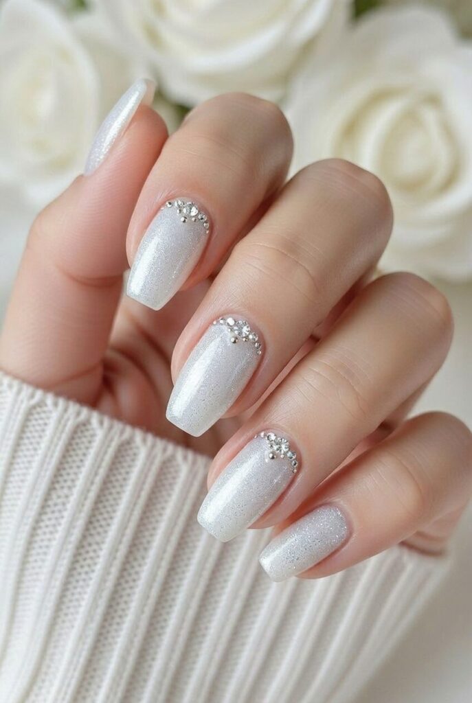 White ice queen prom nails with cool shimmer and crystal details for a bold glam finish