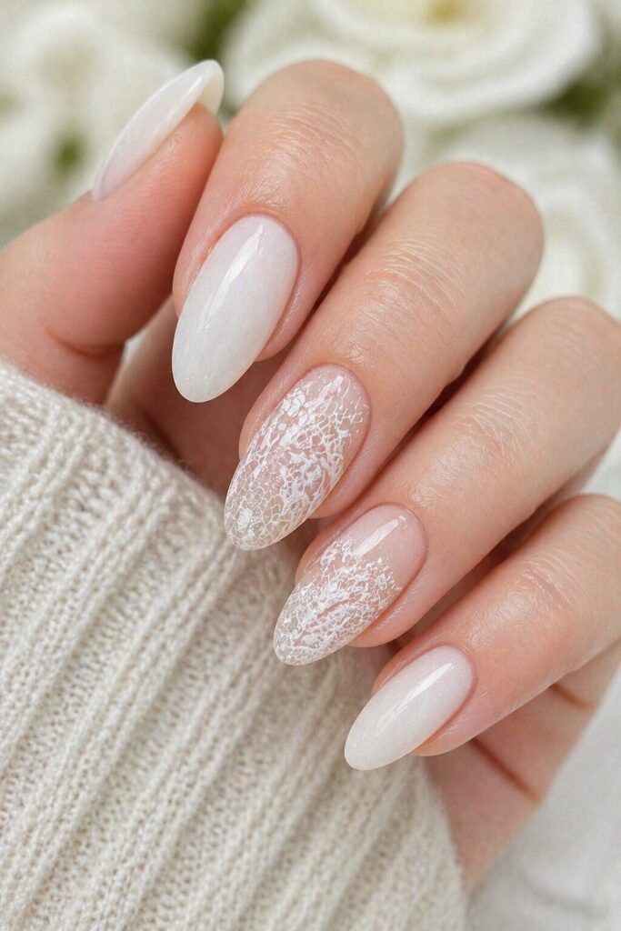 White prom nail designs with lace accent art for a romantic and feminine formal manicure