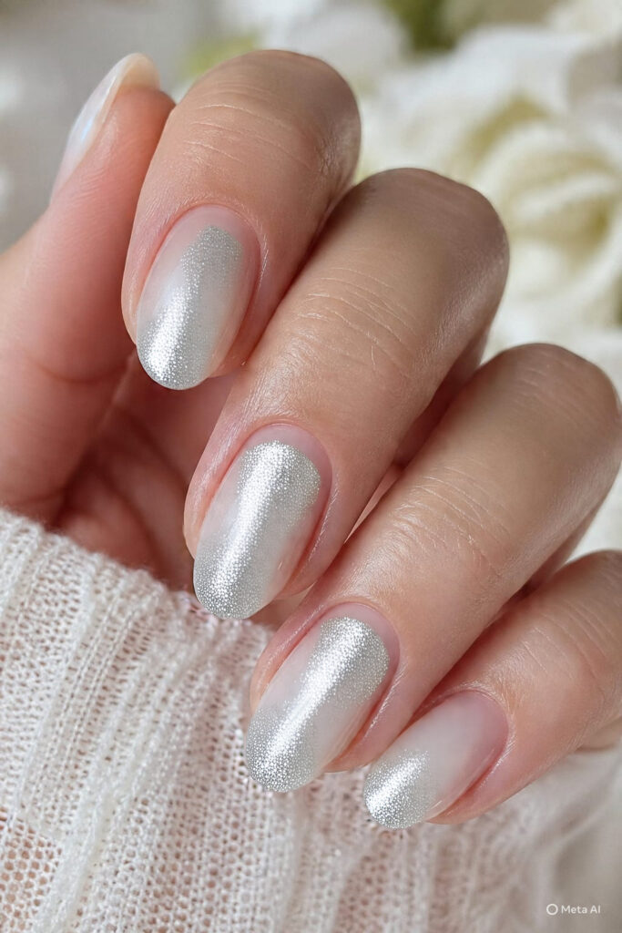 White ombre glitter prom nails with sparkle fading into the tip for a glamorous manicure