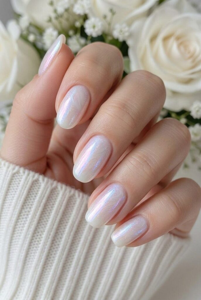 White opal glow prom nails with shifting pink and blue shine for a dreamy evening manicure