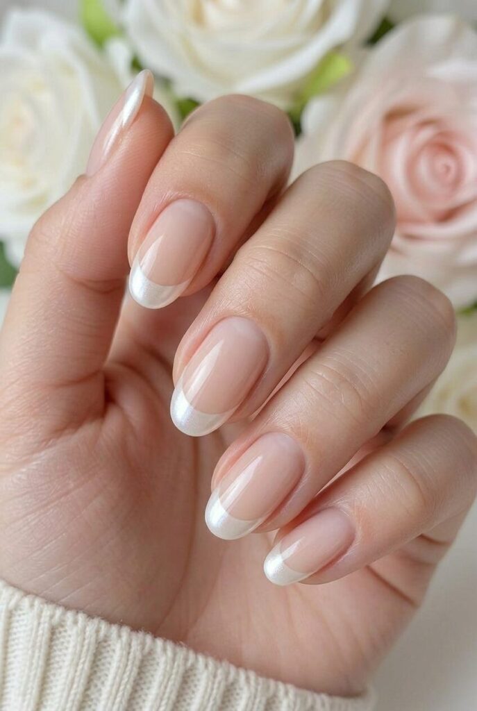 White pearl tip prom nails with soft shine for a classy and dressy French-inspired manicure