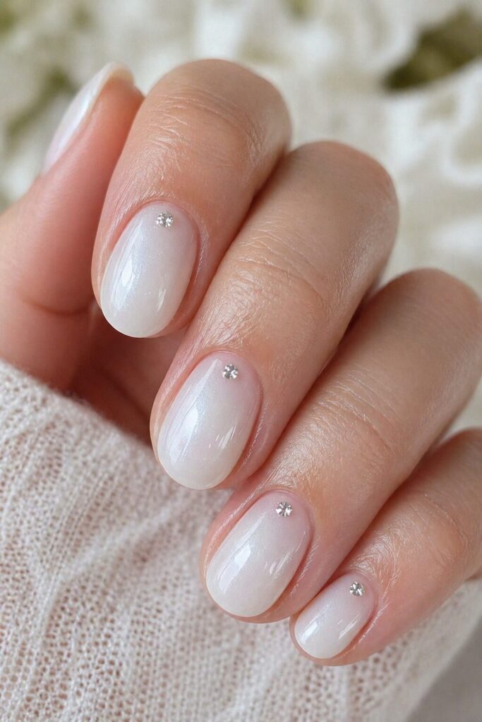 White prom nails with rhinestones near the cuticle for a simple and elegant sparkle effect