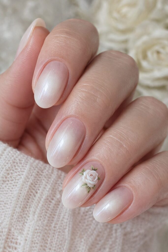 White rose accent prom nails with delicate floral art for a soft romantic manicure