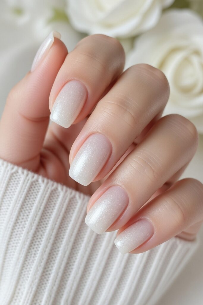 White shimmer square prom nails with a clean glossy finish for a neat and trendy look