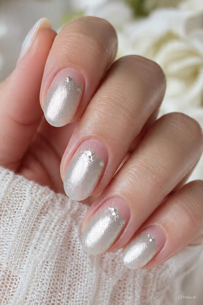 White star dust prom nails with fine silver sparkle for a glowing and photo-ready look