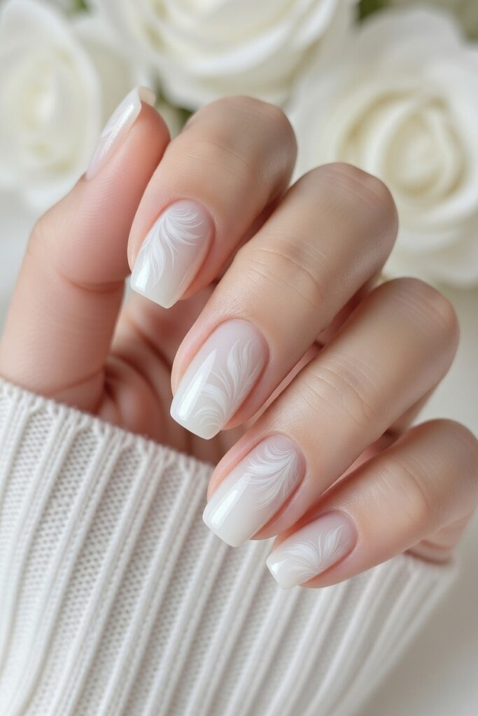 White swan feather prom nails with soft feather-inspired accents for a graceful statement look