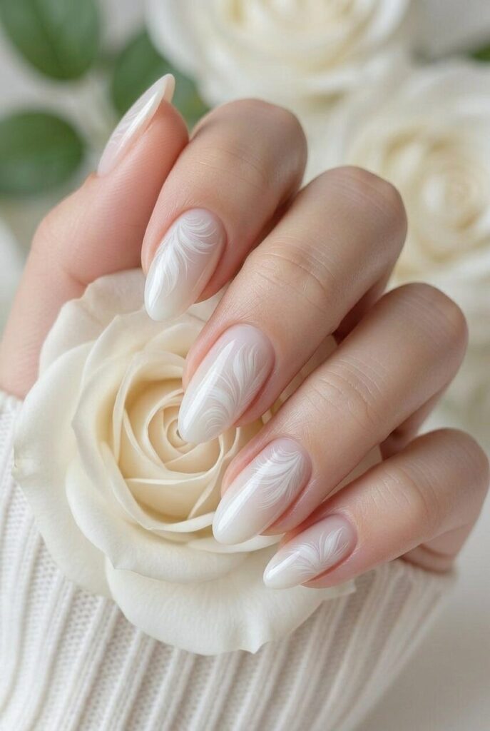 White swirl nude prom nails with flowing white lines over a nude base for a modern elegant style