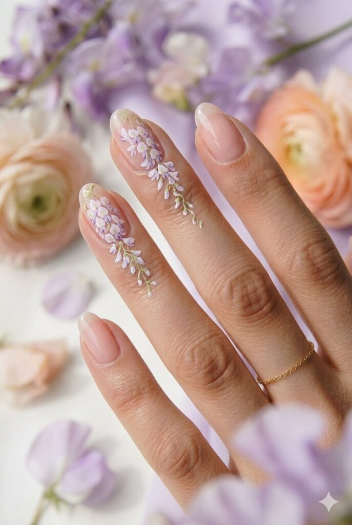 May nails with delicate wisteria flower art on a soft nude pink base for a romantic spring look