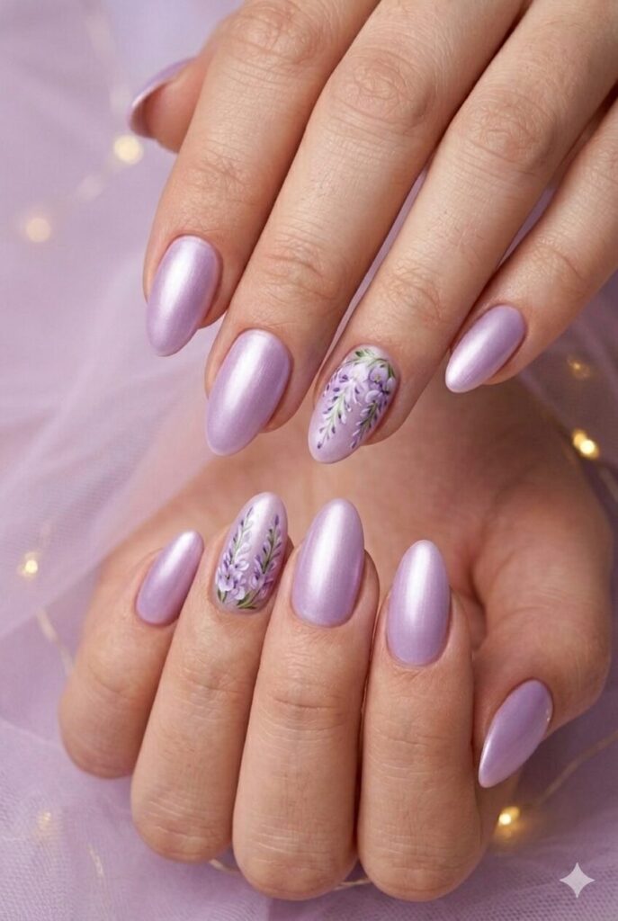 Wisteria whisper purple prom nails with pale purple base and delicate floral details