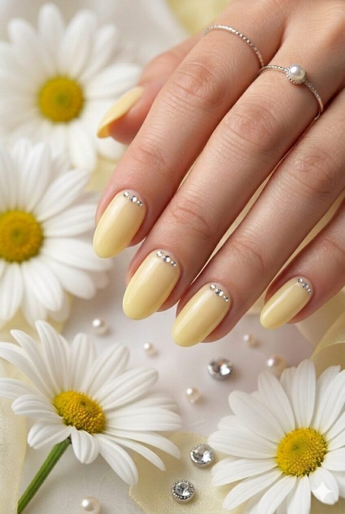 Yellow prom nails with crystal cuticle accents for a fresh and glamorous formal style