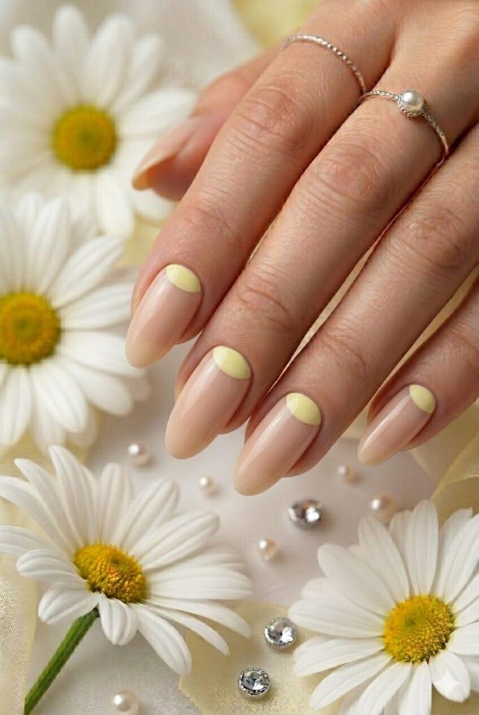 Yellow moon tip prom nails with curved pale yellow accents on a nude base