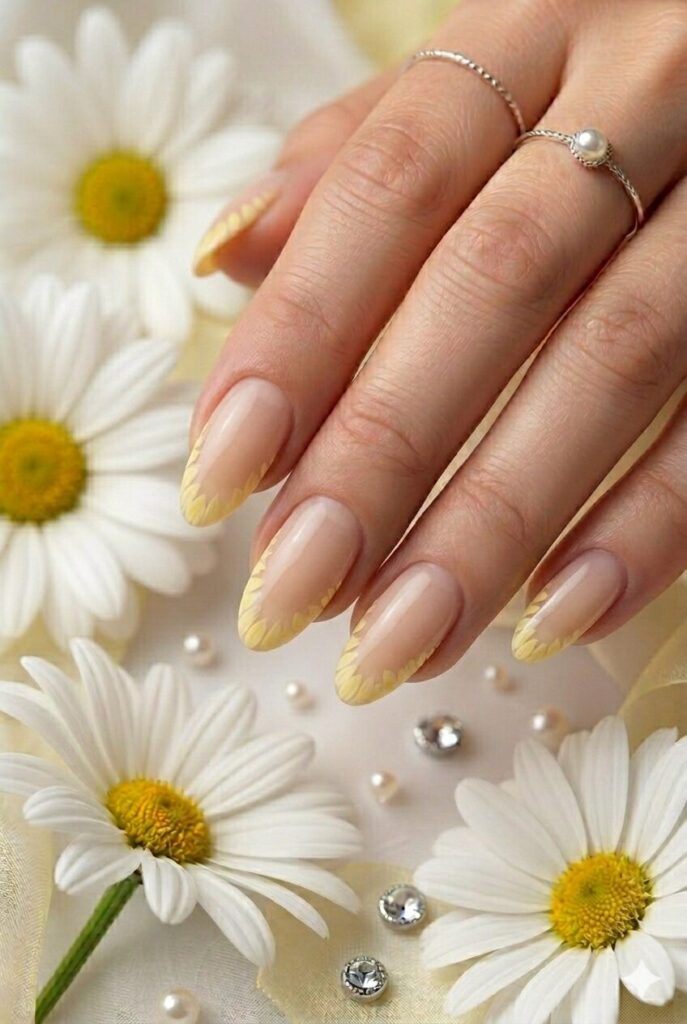 Yellow petal edge prom nails with delicate floral edge art on a nude base