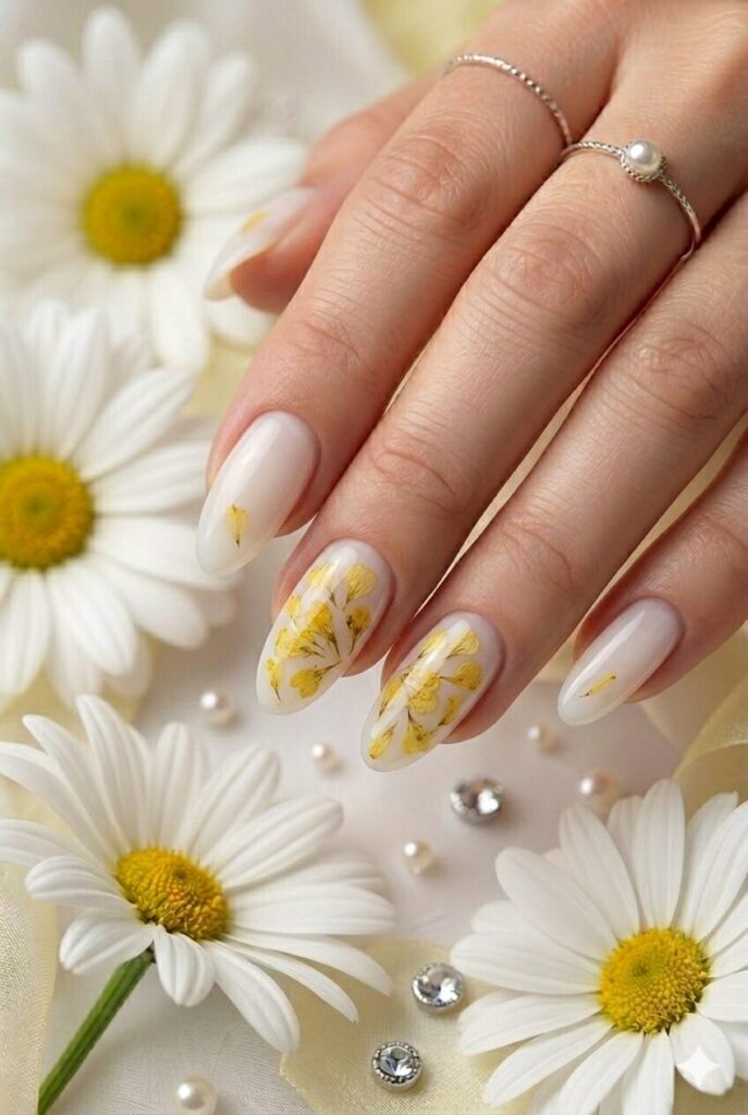 Yellow pressed petal prom nails with tiny floral details on a clear or milky base