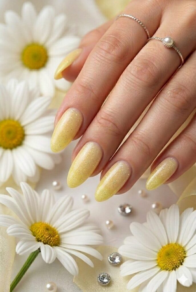 Yellow stardust almond prom nails with pale yellow polish and fine shimmer dust