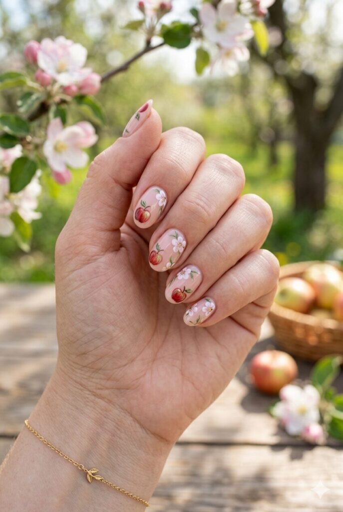 Blush nude nails with tiny apples and blossom details
