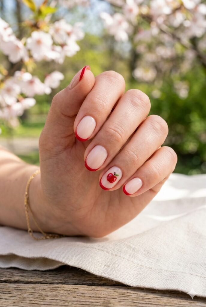 Milky nude nails with apple red micro French tips