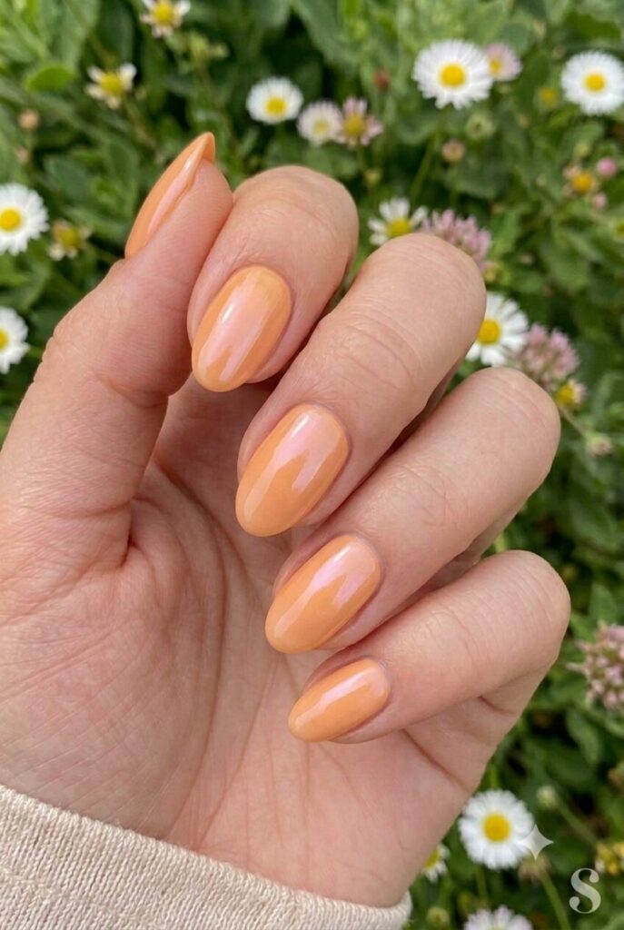 Short oval nails with creamy apricot orange glazed finish