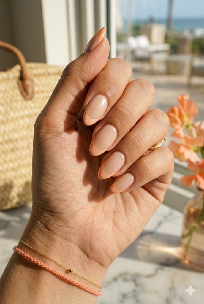 Almond nails with nude base and apricot pearl French tips