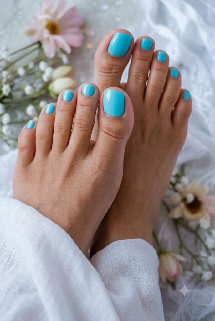 Bright aqua blue toenails with a cool pool-inspired finish