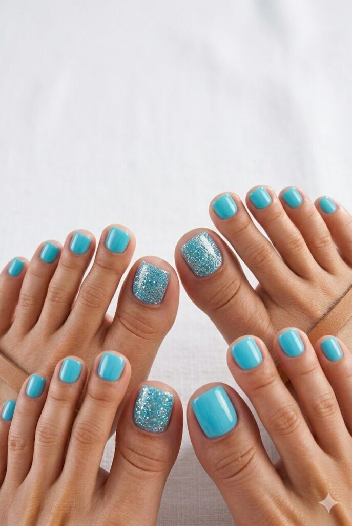 Aqua blue toe nails with glitter accents for sandals