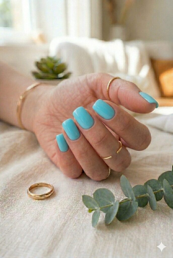 Short square nails with bright aqua glossy polish for summer