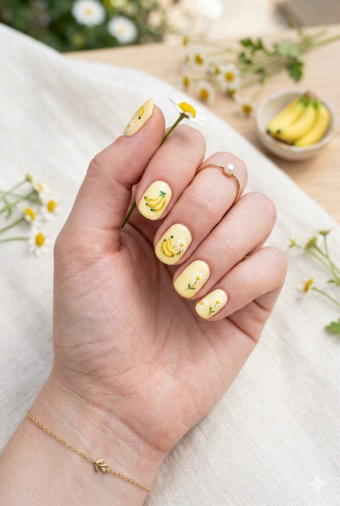Pale yellow nails with banana art and daisies