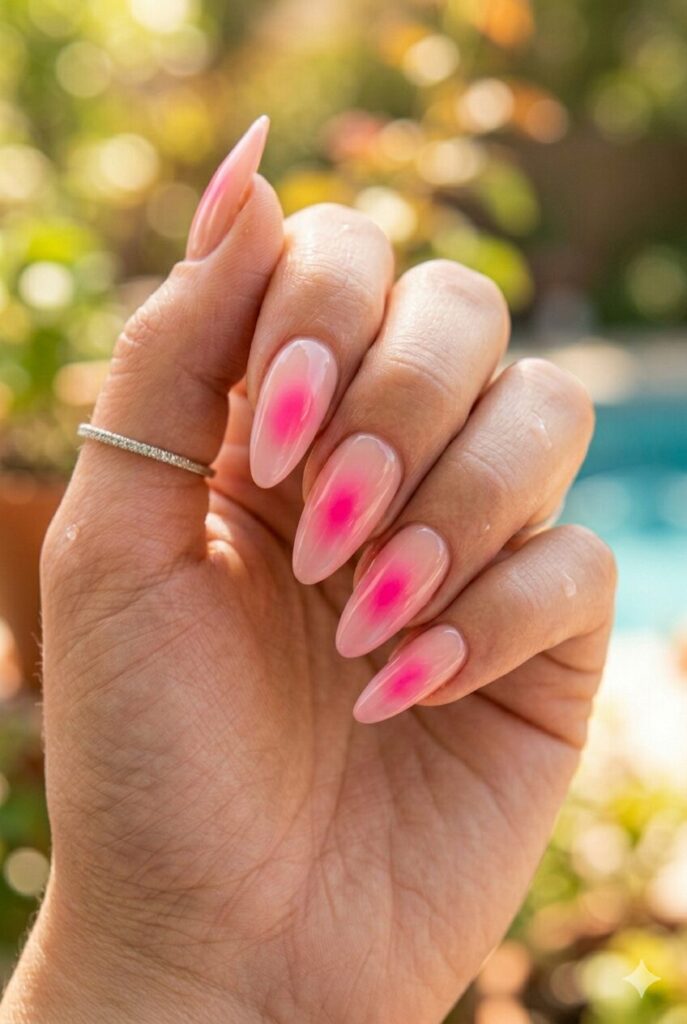 Medium almond nails with baby pink base and hot pink aura glow