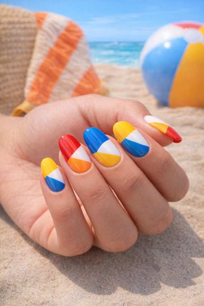 Bold red yellow blue and white color block fun summer nail  ideas
